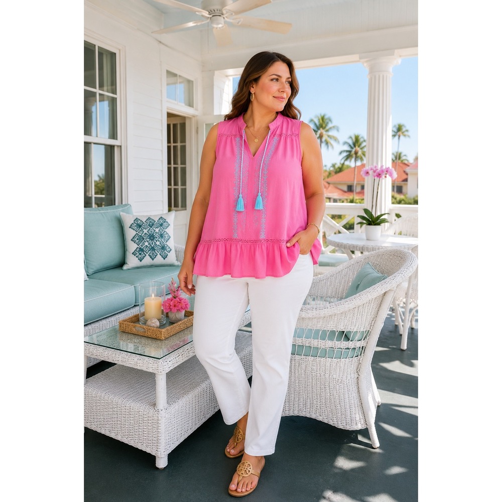 Crown & Ivy 4X 26W Pink Embroidered Tassel Ruffle Hem Cotton Blouse NWOT